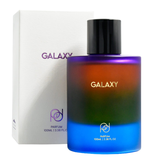 Perfume bottle with gradient design and 'Galaxy' branding next to its packaging on a white background