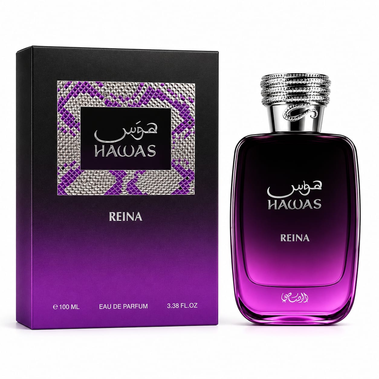 Hawas Reina by Rasasi 100ml perfume bottle and box