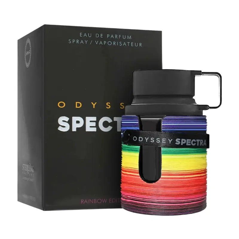 Odyssey Spectra perfume bottle with rainbow design and packaging on a white background