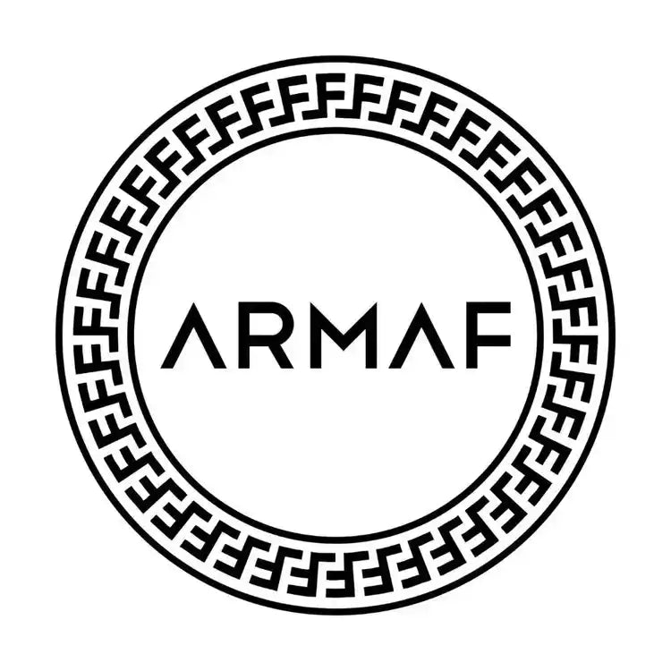 Black and white circular logo featuring ’ARMAF’ text surrounded by a Greek key pattern border.