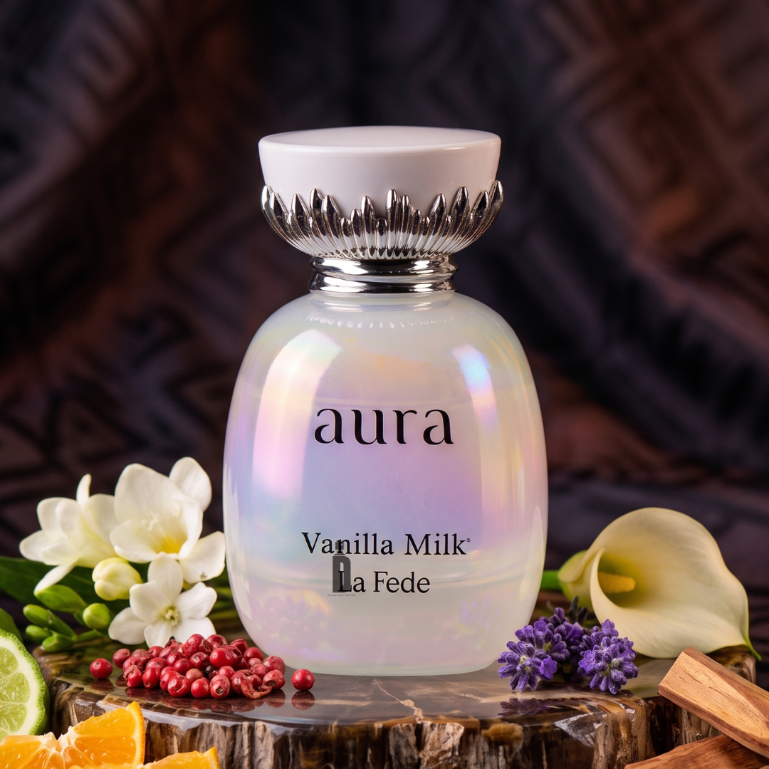 La Fede Aura Vanilla Milk fragrance presentation with citrus, florals and spices