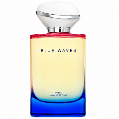 Blue Waves Parfum 100ml bottle with a yellow-to-blue gradient glass body, a red collar, and a white dome cap with a silver band, on a white background.