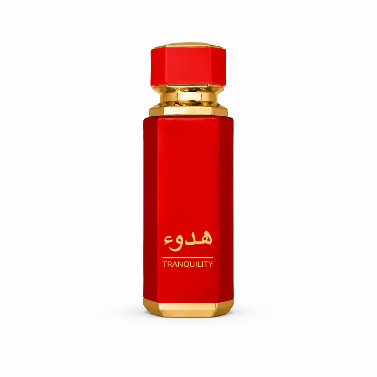 A red cylindrical perfume bottle with gold accents, featuring gold Arabic calligraphy and the word 'TRANQUILITY' on the front, set against a plain white background.
