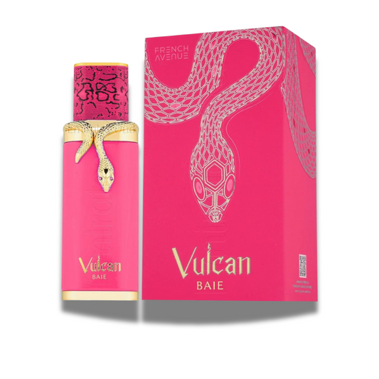 Vulcan Baie perfume bottle and packaging with pink design and gold accents on a white background