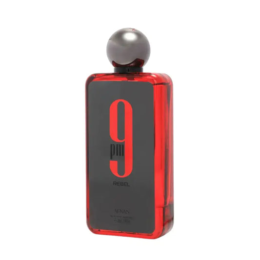 Red and black perfume bottle with number 9 on a light gray background