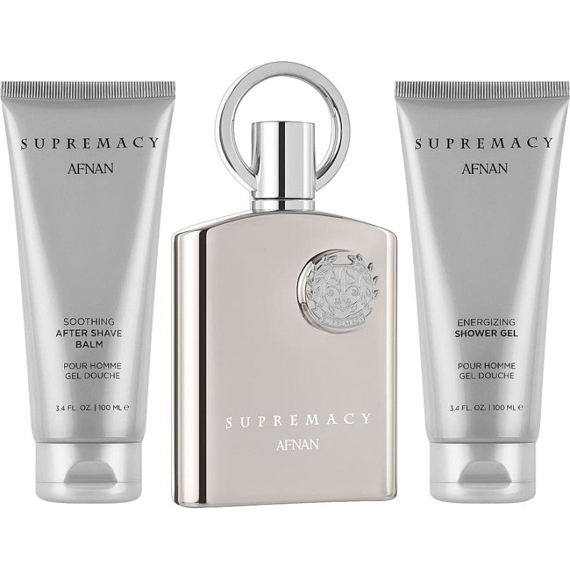 Afnan Supremacy Silver gift set with 100ml Eau de Parfum, shower gel and after-shave balm
