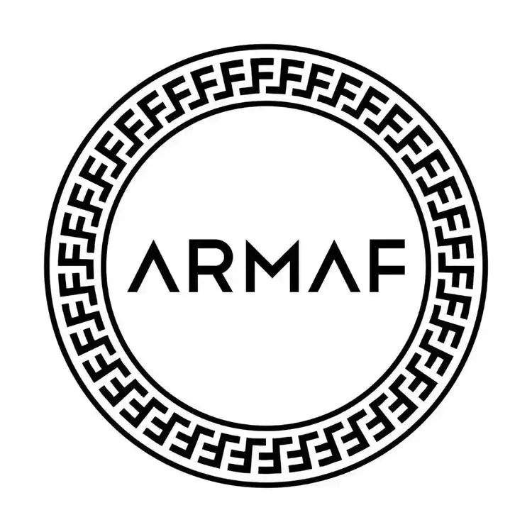 Black and white circular logo featuring ’ARMAF’ text surrounded by a Greek key pattern border.