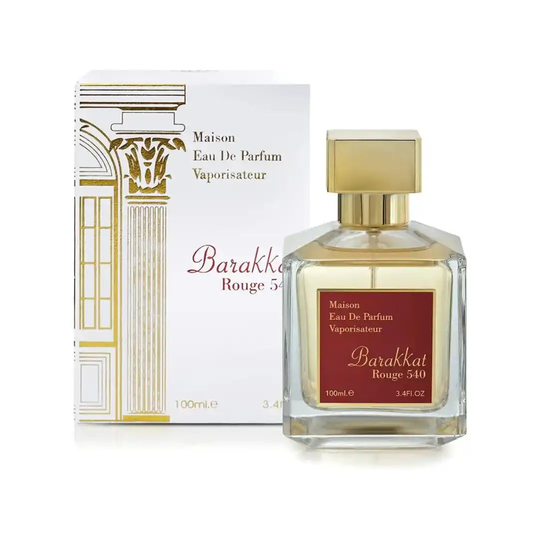 A bottle of Barakkat Rouge 51 eau de parfum with its packaging box.