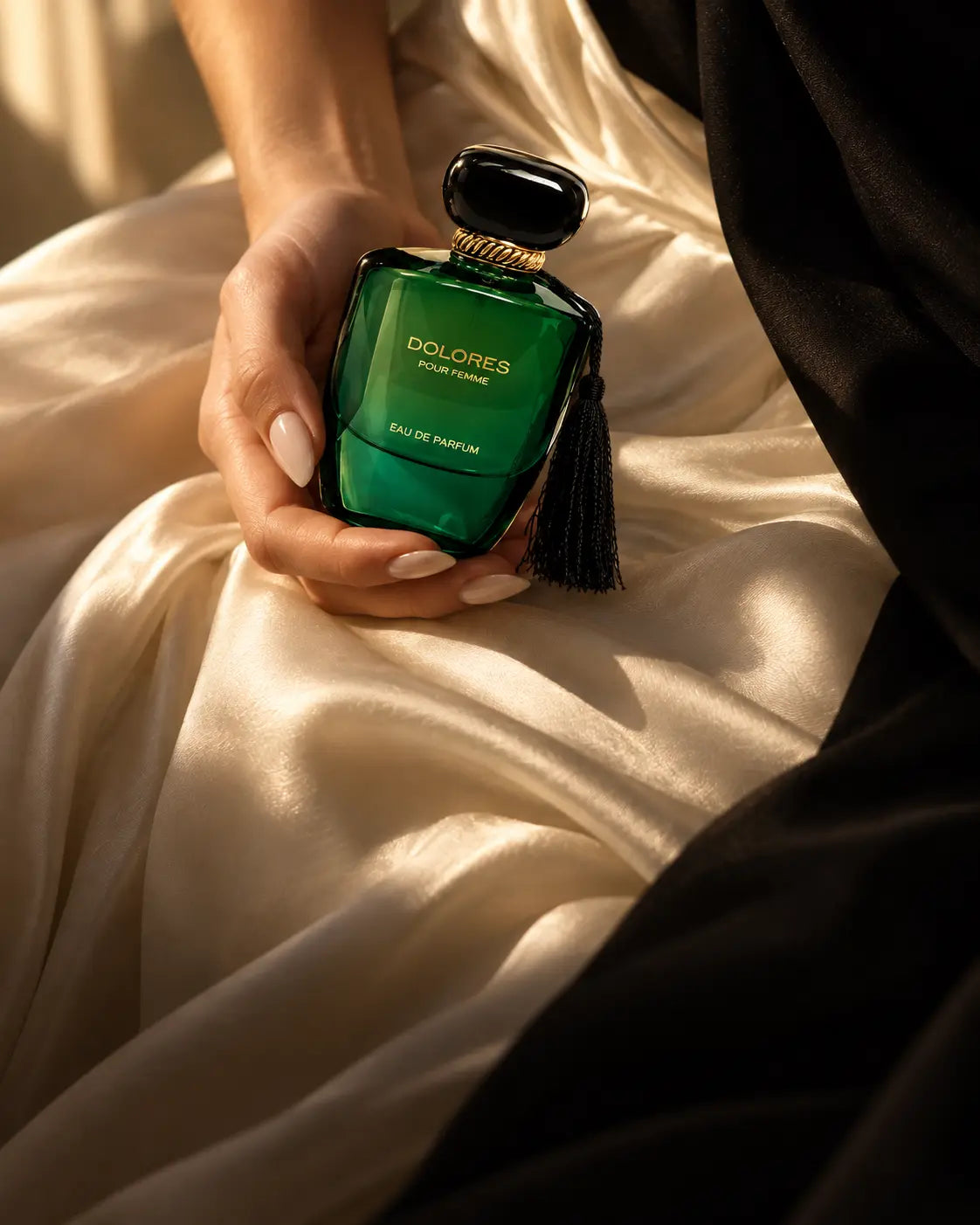 Dolores Pour Femme fragrance held over ivory satin in warm light