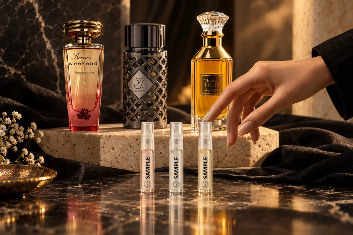 Berries Weekend Pink, Jazzab Silver and Velvet Oud with three identical clear 5 ml Dapper Industries samples