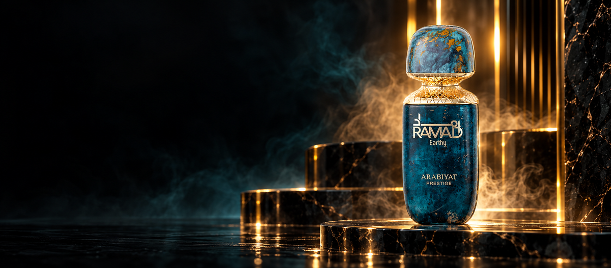 Ramad Earthy fragrance on black marble with gold light