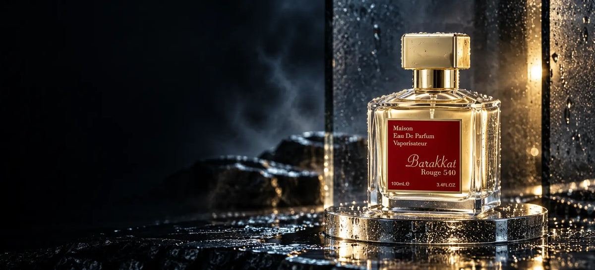Barakkat Rouge 540 on wet black stone with blue mist and gold light, desktop fragrance story