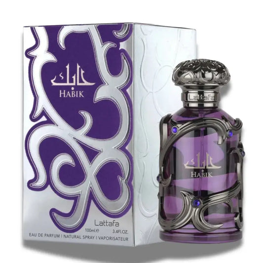 Purple Habik perfume bottle with decorative packaging on a white background