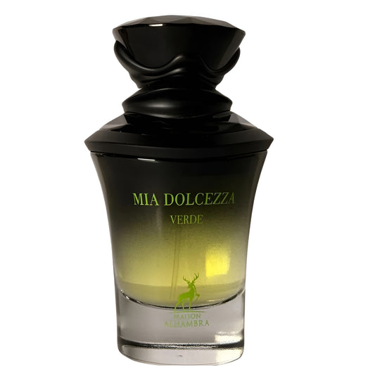 Mia Dolcezza Verde by Maison Alhambra 100ml Eau de Parfum bottle on white