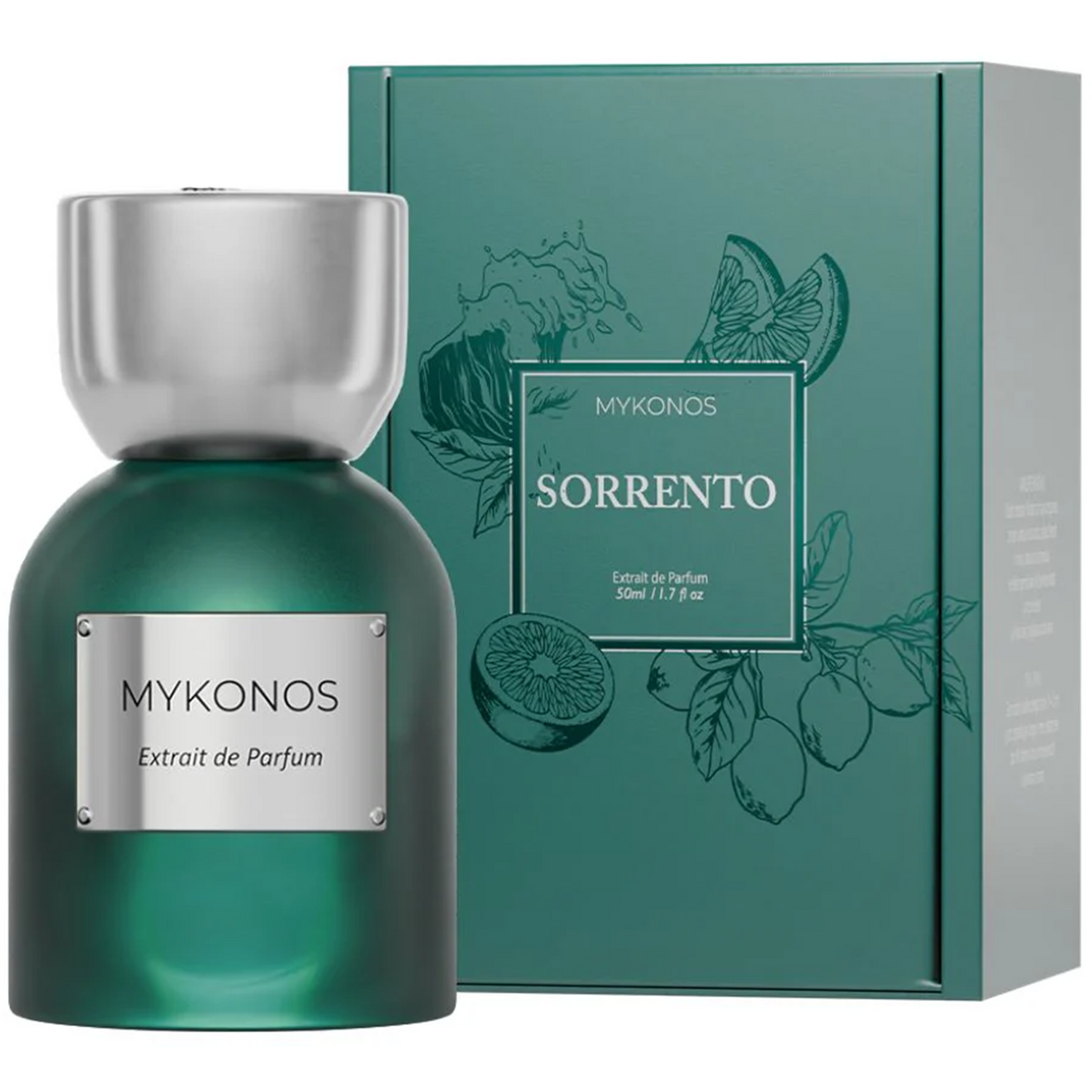 Mykonos Sorrento 50ml Extrait de Parfum bottle and box on white background
