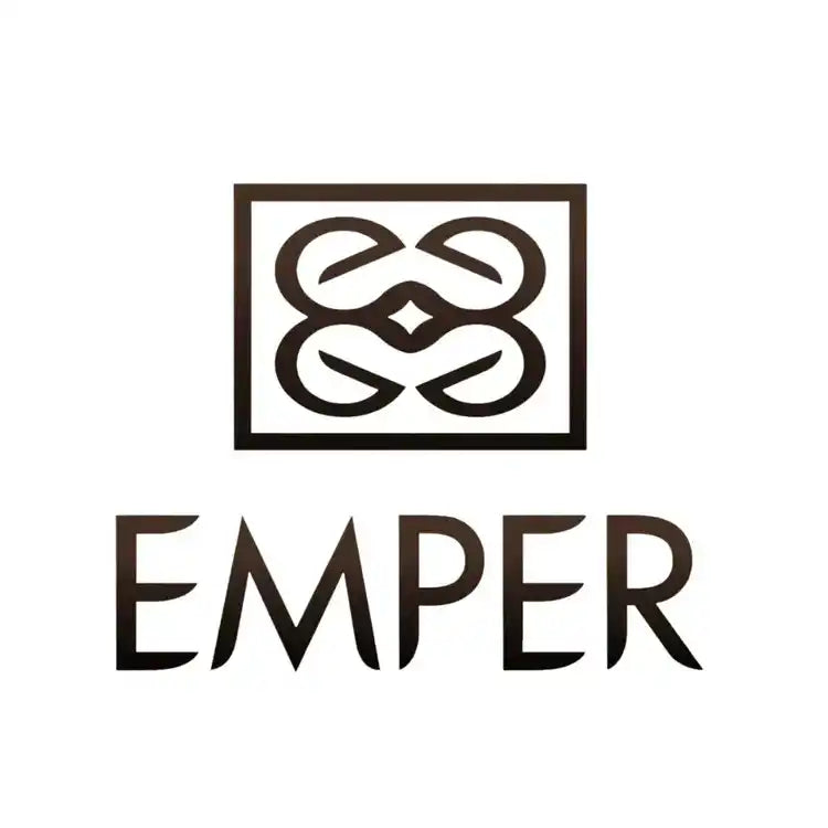 Simple black logo design featuring an abstract interlocking pattern above the word ’EMPER’ in capital letters.