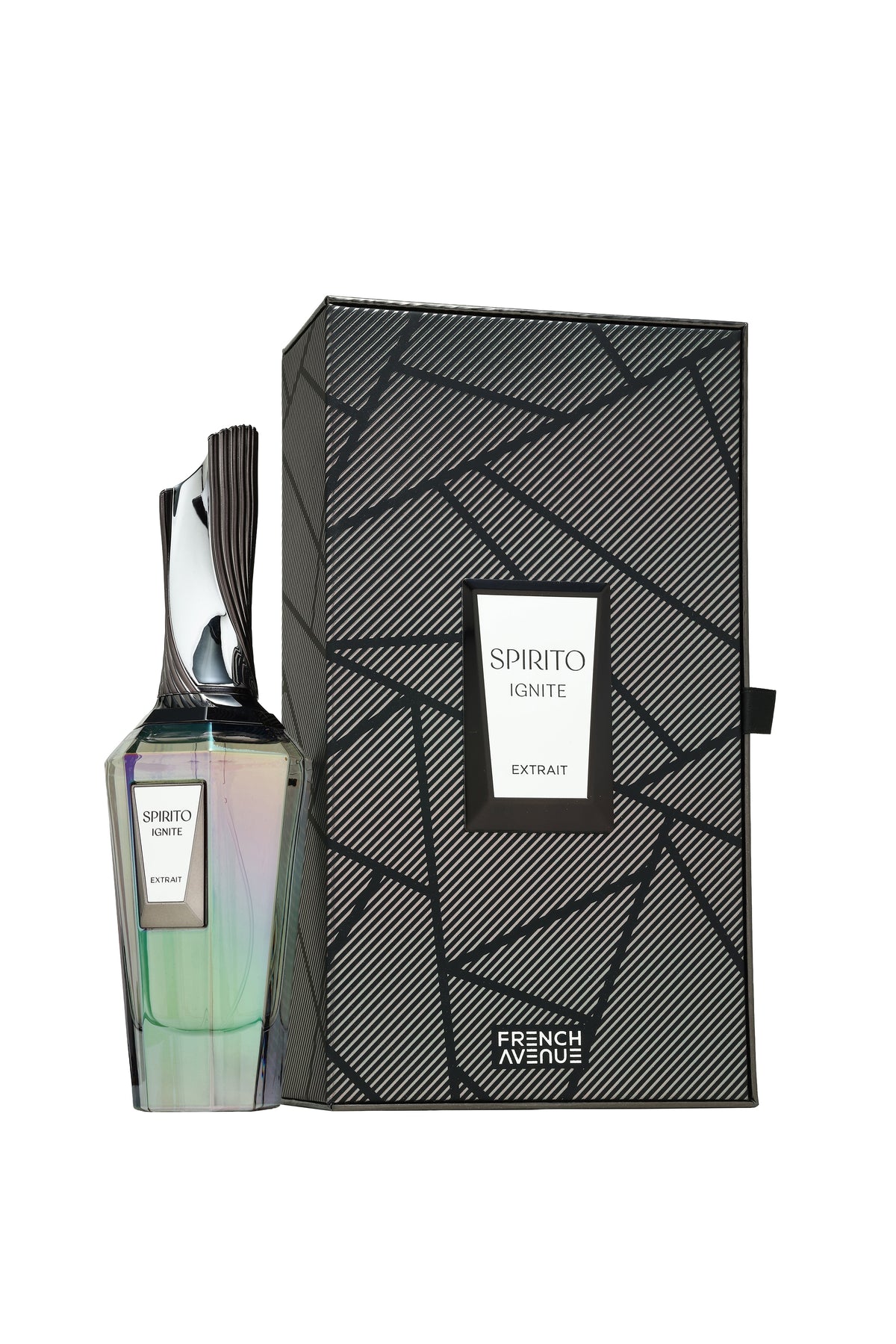 Spirito Ignite by French Avenue – 100ml Extrait de Parfum bottle and packaging on white background