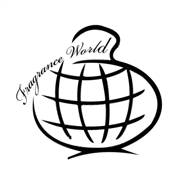 A stylized globe-shaped perfume bottle with ’Fragrance World’ text.