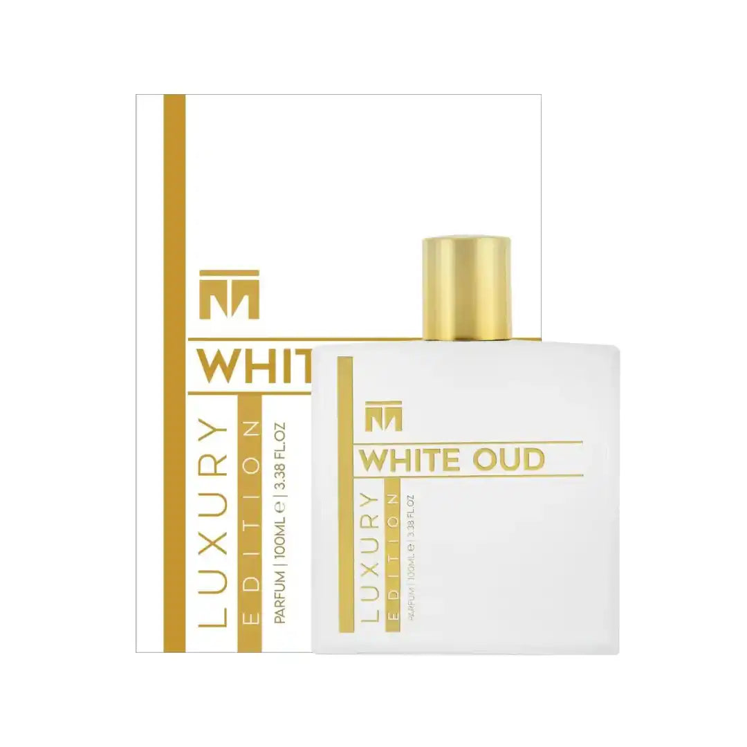 White and gold perfume bottle with ’White Oud’ branding.